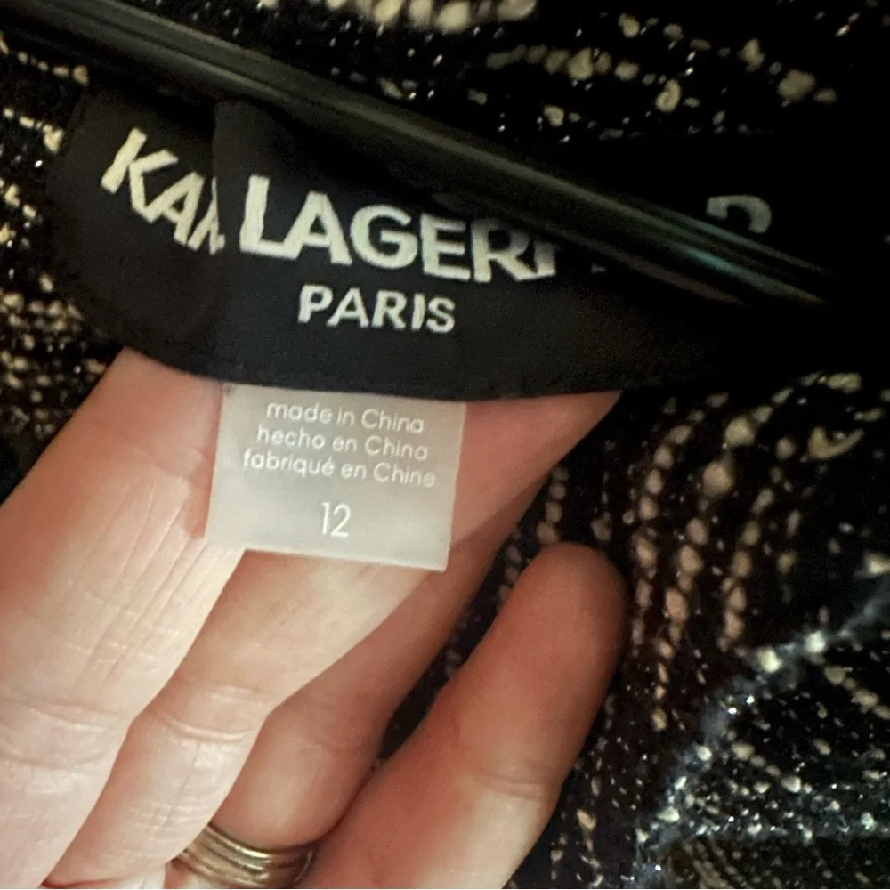 Karl Lagerfeld • Tweed Shift Dress Womens 12 Black White White Pearl Buttons - Picture 8 of 16